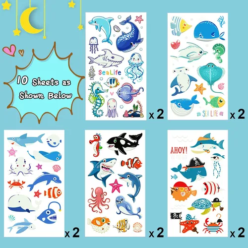 Miniatura 2 de Partywind Tatuajes temporales luminosos de tiburón para niños, tiburones brillantes y océanos, decoraciones de cumpleaños, suministros de fiesta