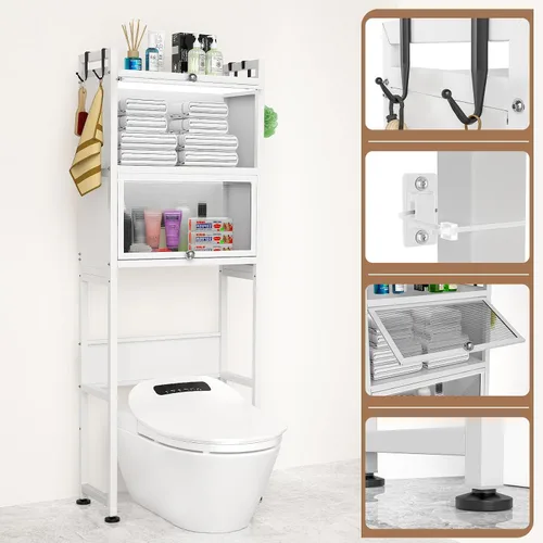 Miniatura 3 de ZZL Gabinete de almacenamiento sobre el inodoro, 3 niveles, organizador de inodoro de baño, impermeable, diseño de puerta de gabinete, ahorro