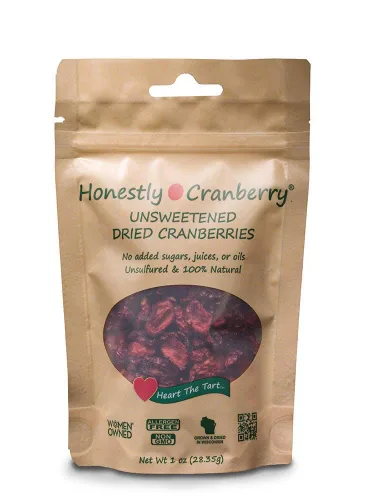 Honestly Cranberry - Arándanos rojos secos sin endulzar - Sin azúcares, jugos o aceites añadidos - Sin OGM - Cultivado en Wisconsin (1 oz)
