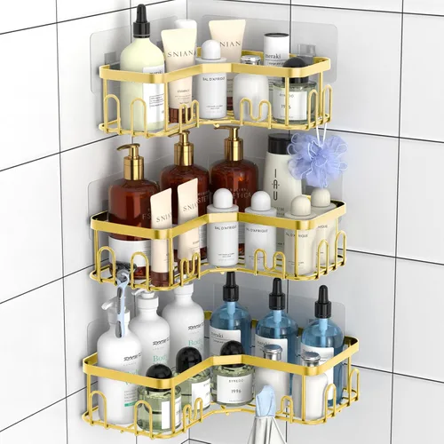 Miniatura 13 de Menbyci Organizador de ducha negro esquinero para baño, accesorios organizadores de baño a prueba de óxido, cesta de ducha adhesiva, estante