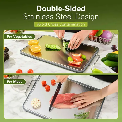 Miniatura 2 de Tabla de cortar de acero inoxidable de doble cara para cocina, tabla de cortar resistente a los arañazos de 16 x 11 pulgadas para carne, verduras