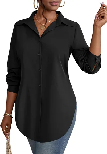 Miniatura 27 de Rooscier Blusa larga con cuello en V para mujer, manga larga, abertura lateral, con botones