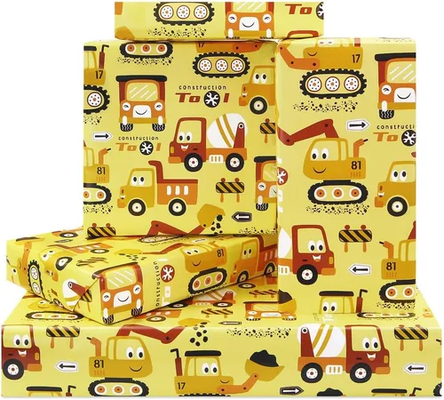 Road Under Construction Excavator Digger Tractor Truck On Yellow Papel de regalo para niños y hombres, fiesta de cumpleaños, baby shower,