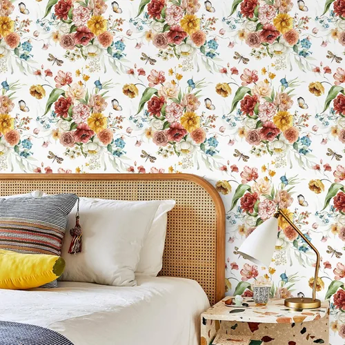 Miniatura 7 de VaryPaper Papel tapiz vintage de peonía floral para despegar y pegar de 17.7 x 315 pulgadas, papel tapiz de mariposa de petunia, papel de contacto