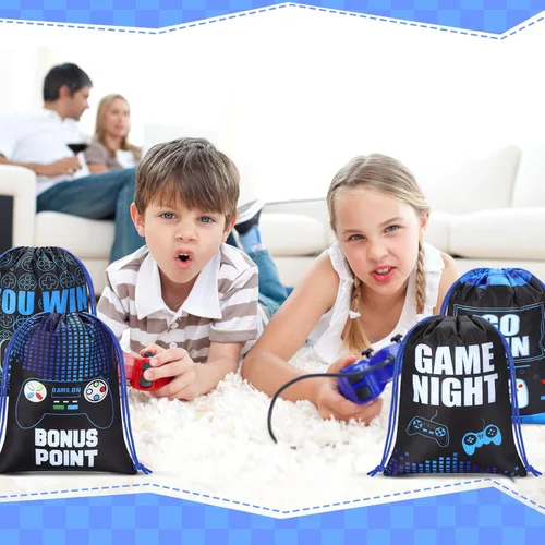 Miniatura 6 de Faccito 16 bolsas de recuerdos de fiesta de videojuegos de 7 x 9.8 pulgadas, bolsas con cordón para fiestas de juegos, temática de juegos a granel