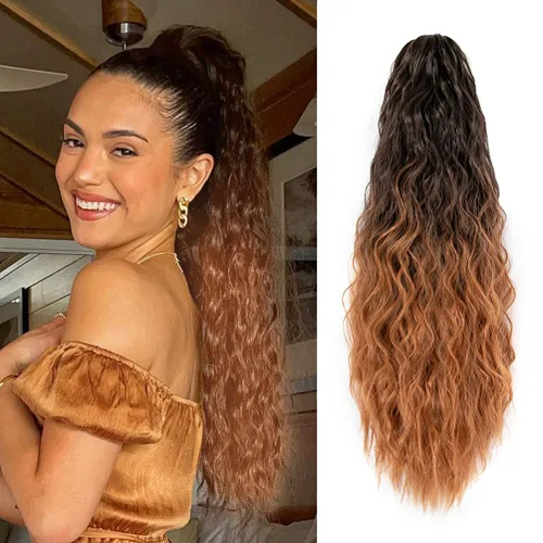 Miniatura 15 de YEAME Extensión de cola de caballo ondulada con clip de garra, cola de caballo de 22 pulgadas, pelo sintético castaño mezclado con rubio, cola