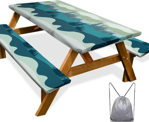 Miniatura 31 de Funda de mesa de picnic con fundas para bancos Esenciales de camping Mantel de picnic impermeable y a prueba de viento con bolsa de cordón, funda