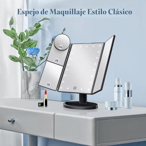 Miniatura 7 de HUONUL Espejo de Maquillaje de Tocador con Luces, Aumento 2X 3X 10X, Control Táctil, Espejo Tríptico, Fuente de Alimentación Doble, Regalos