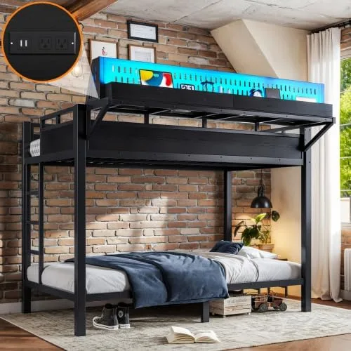 Miniatura 4 de Bellemave Twin XL Bunk Bed Frame with Storage Shelves & Pegboard, Metal Bunk Bed Twin XL with USB Ports & LED Lights, Space-Saving for Bedroom