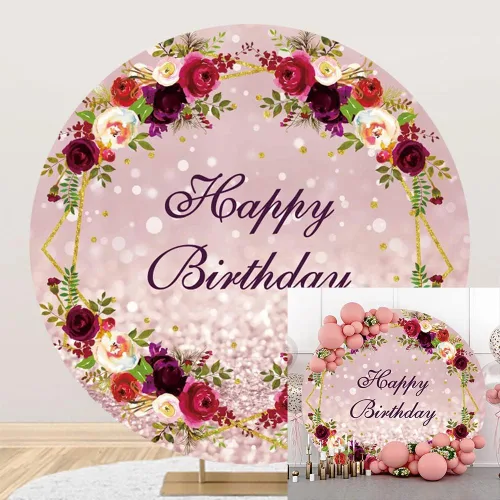 Telón de fondo redondo de cumpleaños de 3 x 3 pies, diseño de flores burdeos Bokeh, manchas de fondo de fotografía, para mujeres y niñas, 16, 30,