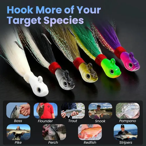Miniatura 7 de Bucktail Jigs Saltwater 3Pcs/5Pcs Fish Hair Jig Lure Hooks,Fishing Hair Swimbait Jig Head Deer Hair Jig Surf Fishing for Walleye Striper Blanco