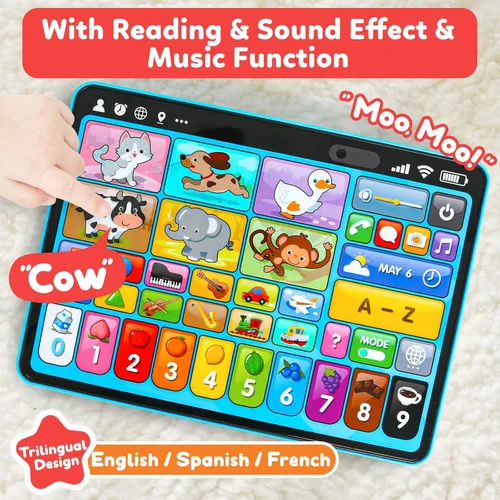 Miniatura 6 de Peacurh Tableta de Juguete de Aprendizaje Trilingüe con Música y Sonido, Juguetes de Terapia Musical del Habla Montessori, Regalos para Niño, Niña