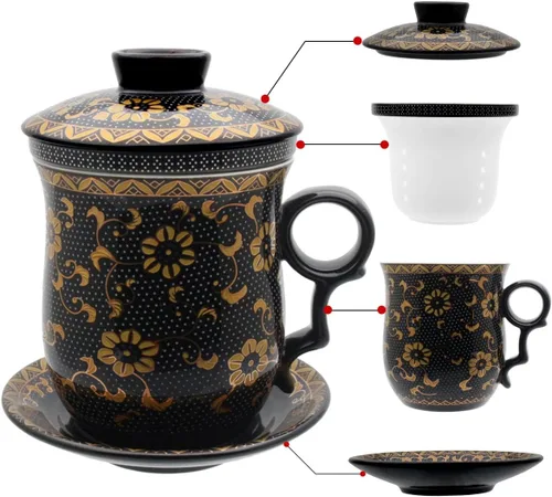 Miniatura 21 de Taza de té de porcelana con tapa de infusor y juegos de platillos – Taza de café de cerámica china Jingdezhen Taza de té de hoja suelta Sistema