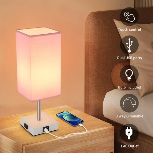 Miniatura 3 de Lámpara de mesa con control táctil, 3 modos regulables, puertos USB C+A y tomacorriente, lámpara de noche para decoración de dormitorio y sala