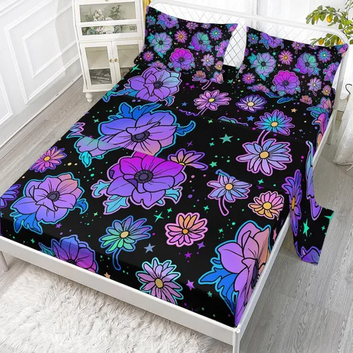 Miniatura 11 de Axolotl Juego de sábanas de gato negro de dibujos animados tamaño full, diseño de estrellas y luna impreso, ropa de cama para niños para decoración