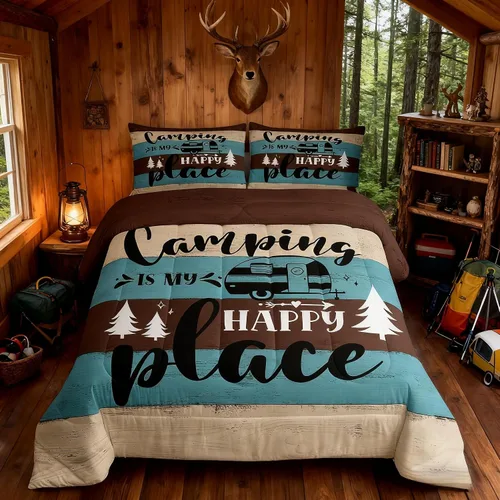 Miniatura 36 de Juego de Edredón para Acampar Feliz para Niños Tamaño Individual, Juego de Ropa de Cama Rústica de Aventura de Granja y Cabaña, Decoración