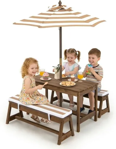 Miniatura 10 de Costzon Mesa de Picnic para Niños, Juego de Mesa y Silla de Madera para Niños Pequeños con Cojines, Sombrilla de Altura Ajustable, Mesa