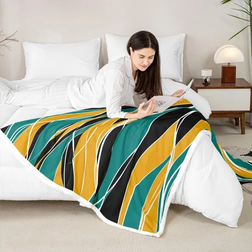Miniatura 7 de Erosebridal Manta de sherpa moderna para niños y adolescentes, color naranja, verde azulado, negro, manta para silla, manta de forro polar con rayas