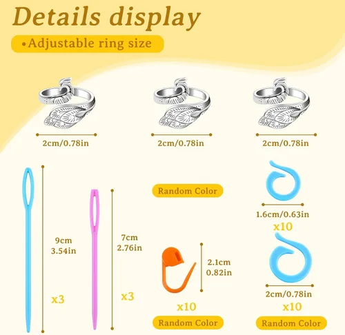 Miniatura 2 de Yizzvb 3 anillos de ganchillo + 30 marcadores de puntada, 6 agujas romas grandes para ojos, anillos de tensión ajustables para hilo de dedo, juego