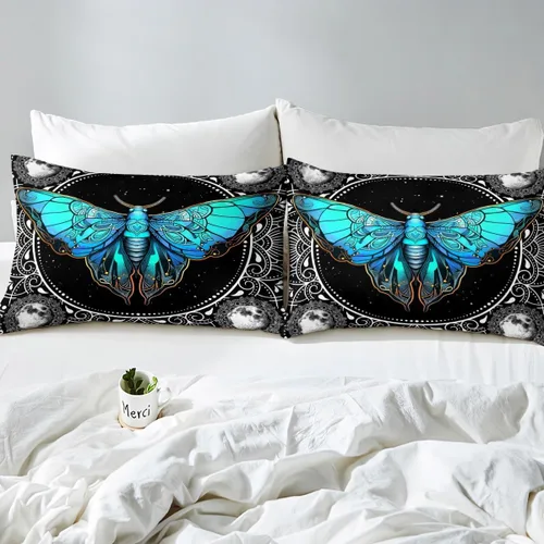 Miniatura 5 de Erosebridal Juego de funda de edredón de polilla azul, tamaño individual, para niños y niñas, estilo bohemio, floral, mandala, color blanco y negro