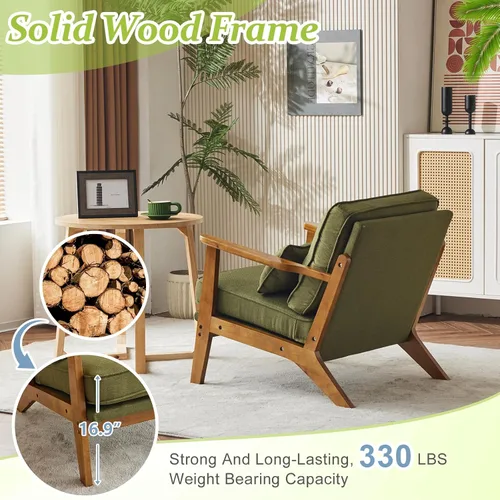 Miniatura 4 de VINGLI Silla de Acento de Madera Maciza con Reposabrazos Anchos, Silla Moderna Tapizada de Mediados de Siglo con Almohada, Cómoda Silla de Lectura
