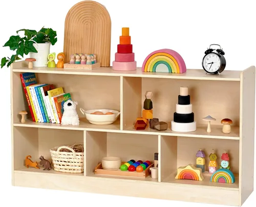 Leeshyah Estante de madera para juguetes para niños, organizador de libros y juguetes Montessori con estantería abierta, diseño personalizable de 5