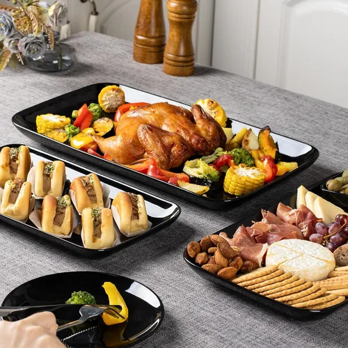 Miniatura 9 de DELLING Juego de 3 platos grandes de porcelana de 16/14/12 pulgadas para fiesta, platos rectangulares de cerámica negra para entretenimiento, plato