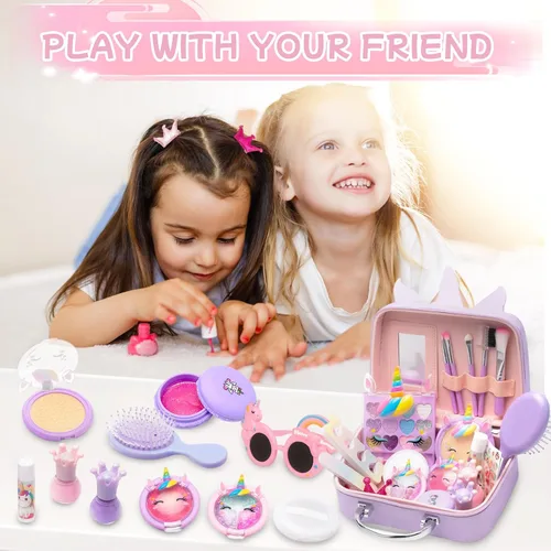 Miniatura 4 de Kit de maquillaje lavable y no tóxico para niñas, juego de cosméticos reales con espejo, brillo de labios y esmalte de uñas para edades de 4 a 8