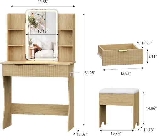 Miniatura 2 de Mesa de Tocador Pequeña con Espejo y Luces, Tocador de Maquillaje con Espejo Iluminado por LED, Tocador con Luces y Silla, Mesa de Vestir Ajustable