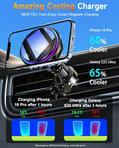 Miniatura 4 de Para Qi2 Cargador de Montaje de Coche MagSafe de 15W con Luz RGB, Soporte Magnético Inalámbrico de Enfriamiento por Hielo para Teléfono, Carga