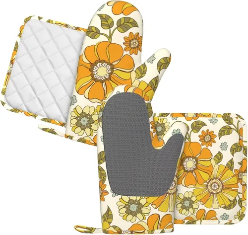 Miniatura 2 de Juego de guantes de horno y soportes para ollas con flores estilo retro de los años 70, guantes de cocina de silicona, resistentes al calor, 4 Flor