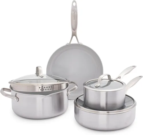 GreenPan Venice Pro - Juego de 7 ollas y sartenes de cerámica saludable de acero inoxidable de tres capas, antiadherentes, sin PFAS, revestimiento