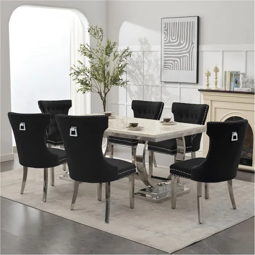 Miniatura 14 de adochr Juego de 2 sillas de comedor de terciopelo, sillas de cocina tapizadas con patas de metal, respaldo abotonado moderno con anillo de tracción