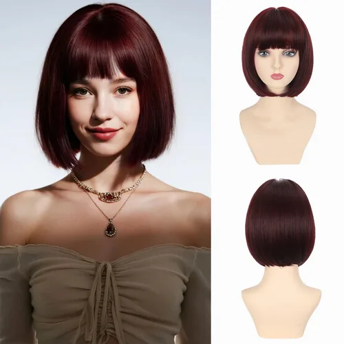 Miniatura 21 de Peluca Bob Marrón Ceniza con Flequillo, Peluca Corta y Lisa para Mujeres y Niñas, 12 Pulgadas, Resistente al Calor, Peluca de Cabello Bob Sintético