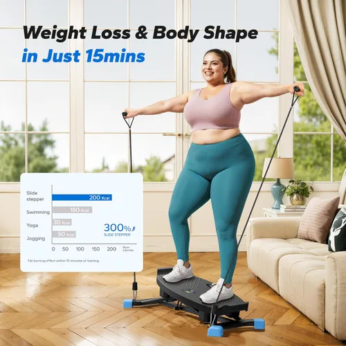 Miniatura 8 de Merach Escalera para hacer ejercicio en casa, mini escalonera con bandas de resistencia, tabla de equilibrio portátil con monitor LCD, entrenador