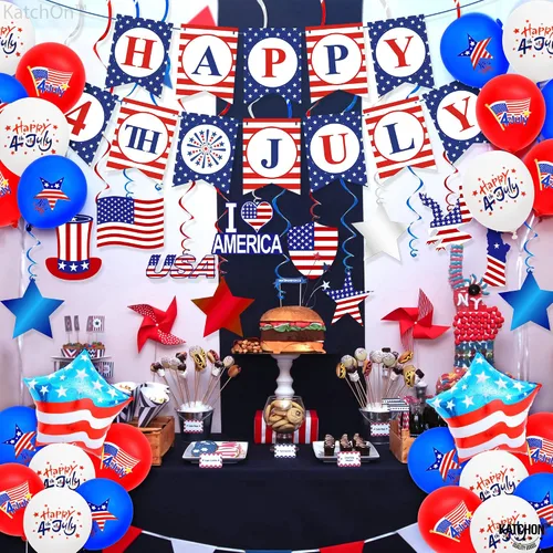 Miniatura 4 de KatchOn, Juego de pancartas con texto en inglés «Happy 4th of July», enormes, paquete de 37, globos del 4 de julio para decoraciones del 4 de julio