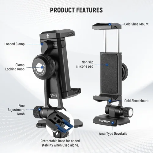 Miniatura 8 de Adaptador de montaje de trípode para teléfono Neewer con base tipo Arca QR, zapata fría, agujeros de 1/4" y 3/8", giro de 360° y inclinación