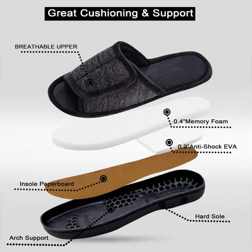 Miniatura 4 de DL Pantuflas ajustables de espuma viscoelástica para hombre, con punta abierta, cómodas para interiores y exteriores, acogedoras y transpirables