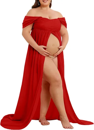 Vestido de maternidad para sesión de fotos con hombros descubiertos, vestido de gasa con abertura frontal, maxi vestidos de embarazo para fotografía