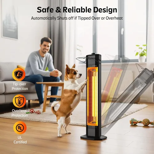 Miniatura 6 de Calentador eléctrico para patio al aire libre, calentador de torre infrarrojo de 34 pulgadas de 1500 W con calentamiento instantáneo, protección 34