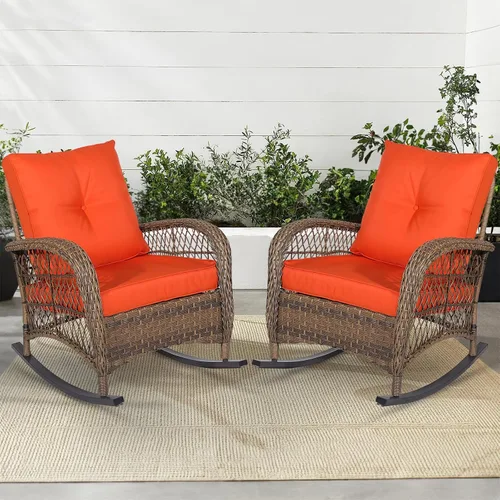 Miniatura 28 de MEETWARM Mecedora de mimbre para exteriores, sillas mecedoras de ratán para patio con cojines y respaldo alto, silla de mimbre para patio para todo