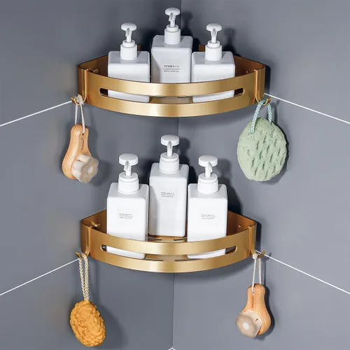 Organizador de esquina de ducha con 2 estantes de baño de color dorado cepillado, soporte para champú, adhesivo o perforación