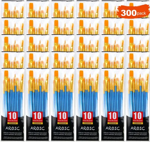 AROIC Juego de pinceles de pintura, 30 paquetes/300 piezas, cabezal de cepillo de nailon, adecuado para óleo y acuarela, juego perfecto de pintura