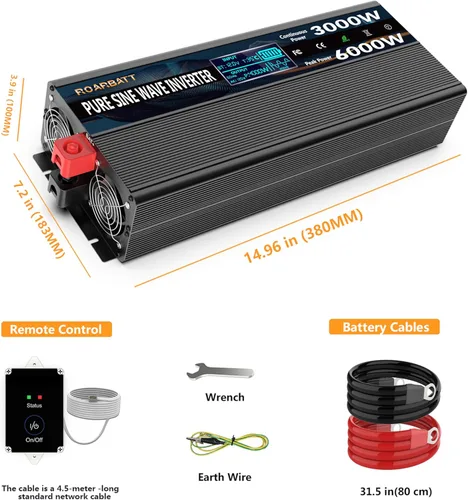 Miniatura 6 de Inversor de corriente de onda sinusoidal pura, 3000 W, 12 V CC a 110 V/120 V CA, pico de 6000 W, control remoto, 4 salidas de CA, USB dual, pantalla