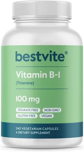 BESTVITE Vitamina B-1 100 mg (240 cápsulas vegetarianas) - Sin estearatos - Sin fosfato dicálcico - Vegano - Sin OMG - Sin gluten