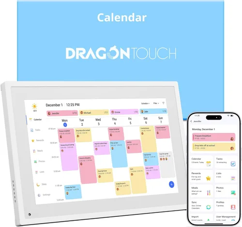 Dragon Touch Calendario Digital de Tabla de Tareas de 10.1 Pulgadas – Pantalla Táctil Interactiva, Planificador Familiar Inteligente, Calendario