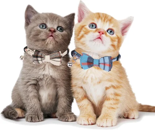 Miniatura 3 de ADOGGYGO Collares de Gato a Cuadros Breakaway con Campana de Lazo, Corbata de Moño Extraíble, Paquete de 2 Collares de Lazo a Cuadros Beige Azul