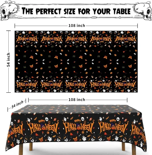 Miniatura 2 de Labeol Paquete de 3 manteles de Halloween, 108 x 54 pulgadas, manteles de Halloween negros, desechables, impermeables, de plástico, rectangular