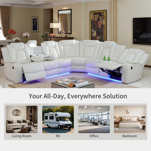 Miniatura 7 de Juegos de Muebles para Sala de Estar, Juego de Sofá Reclinable Eléctrico, Cuero Blanco Vainilla, Seccional de 2 Reclinables con Luz LED