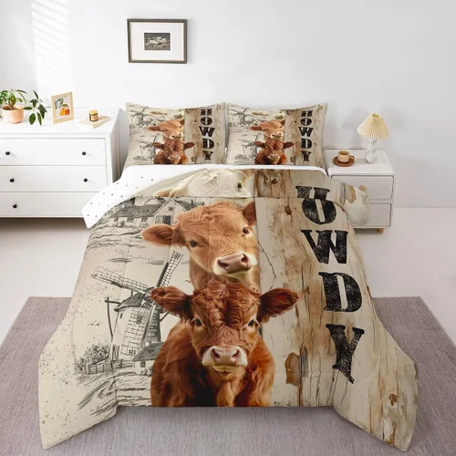 Miniatura 11 de Erosebridal Highland Cow - Juego de edredón tamaño matrimonial, juego de ropa de cama de toro de cuerno largo occidental para niños y adultos, Verde